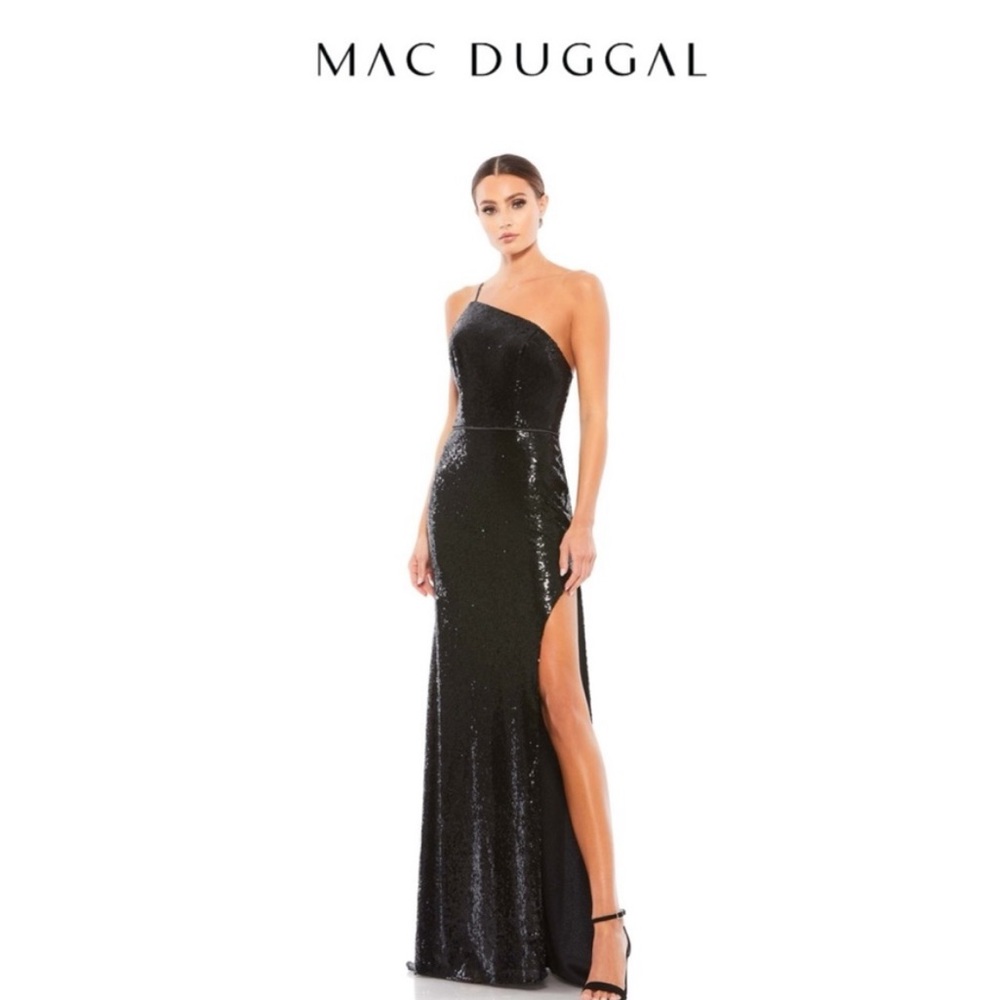NEW w/ tag! Mac Duggal Black Sequin One Shoulder Formal Dress Suze 6